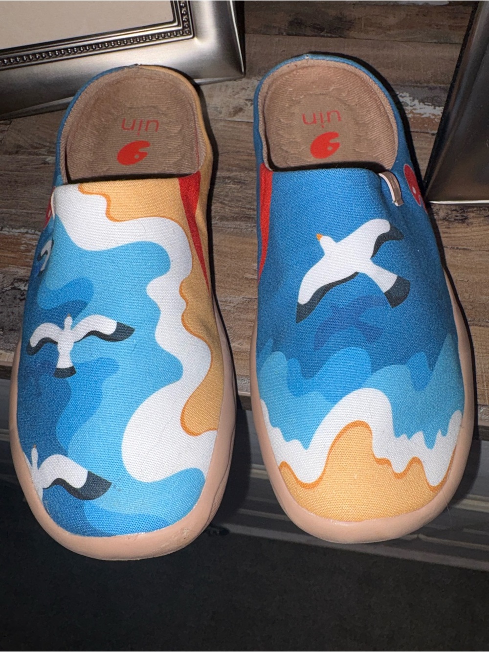 UIN Blue Multicolor Seagull Graphic Slip-On Clogs